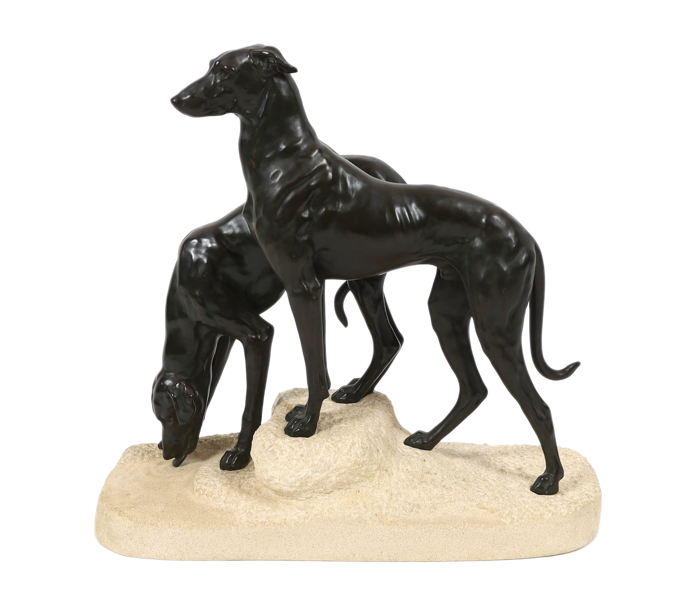 Jules Edmund Masson (French, 1871-1932). A French Art Deco bronze group of two hounds, 58cm wide, 21cm deep, 53cm high